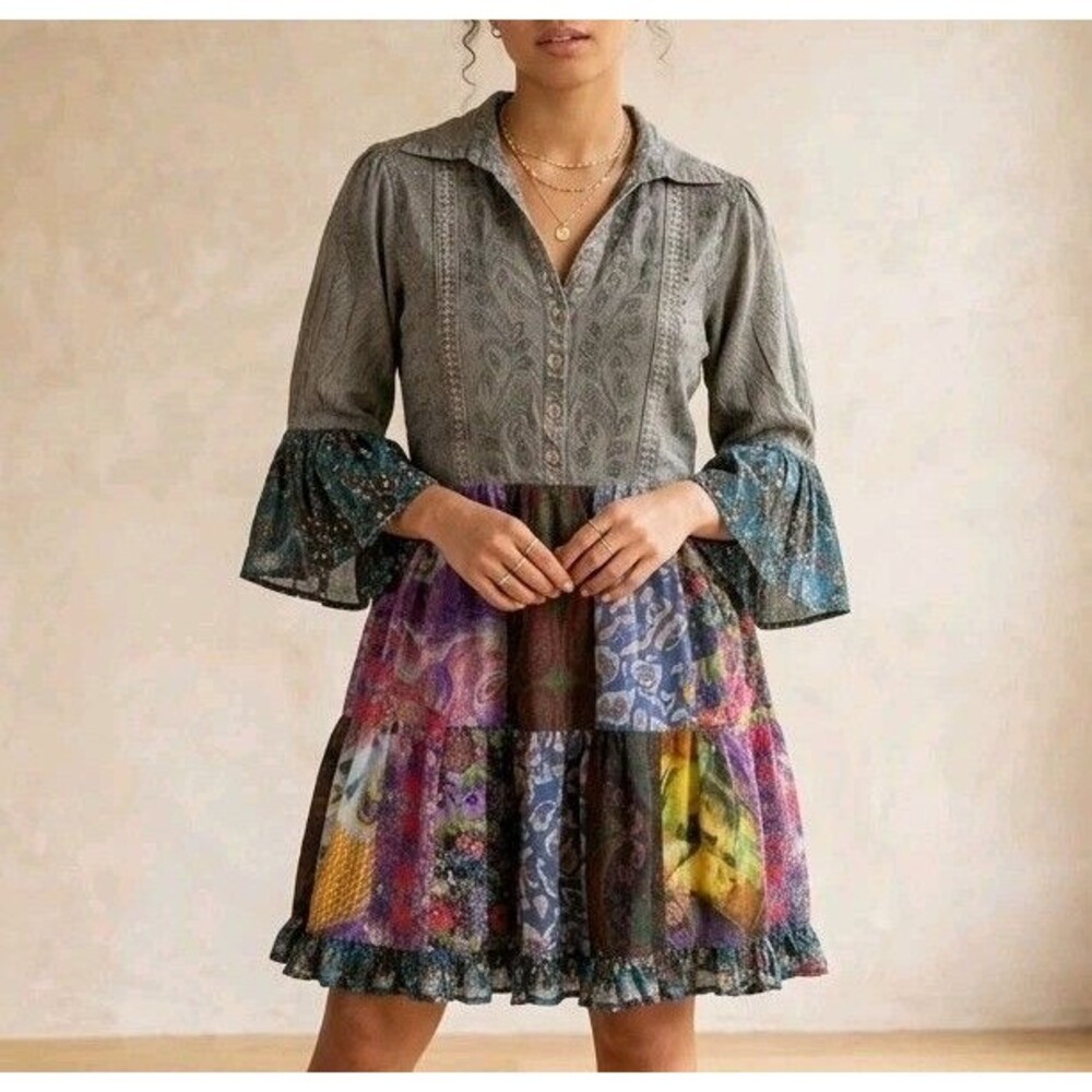 Young Threads Boho Hippie Patchwork Flowy Ruffle Dress Size Large